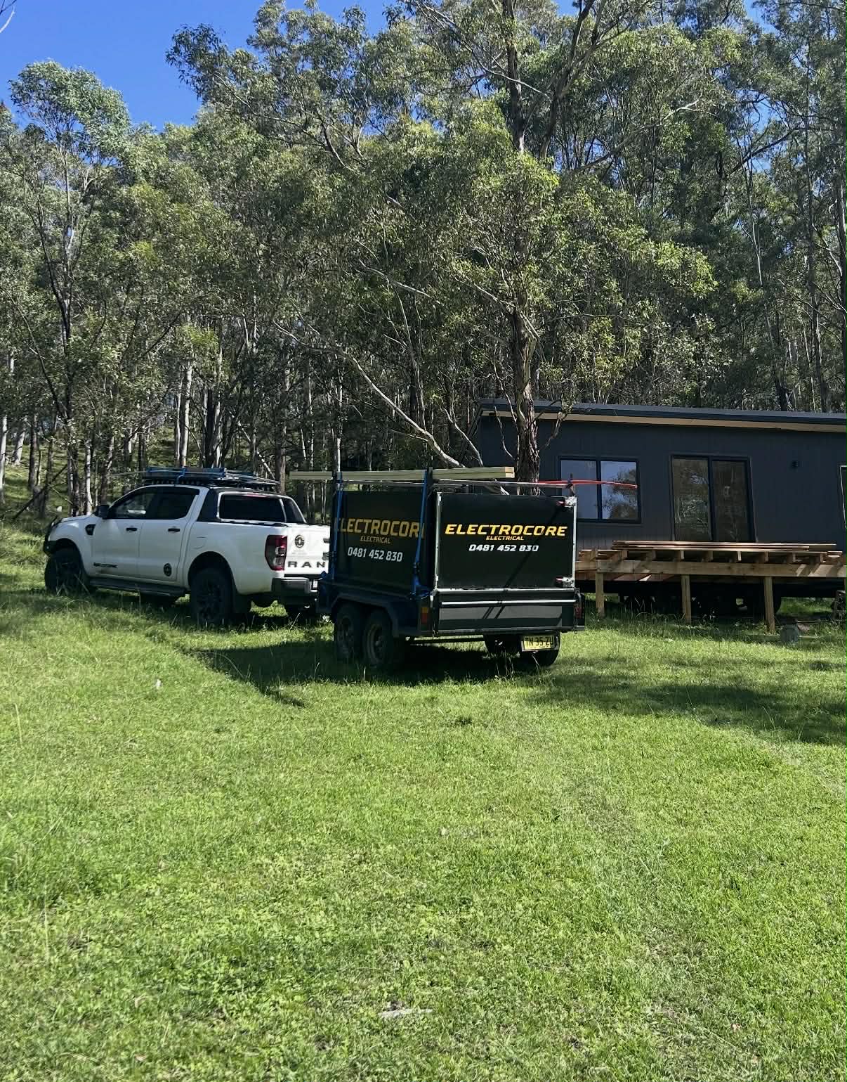 Electrocore ute and trailer on site in Braidwood